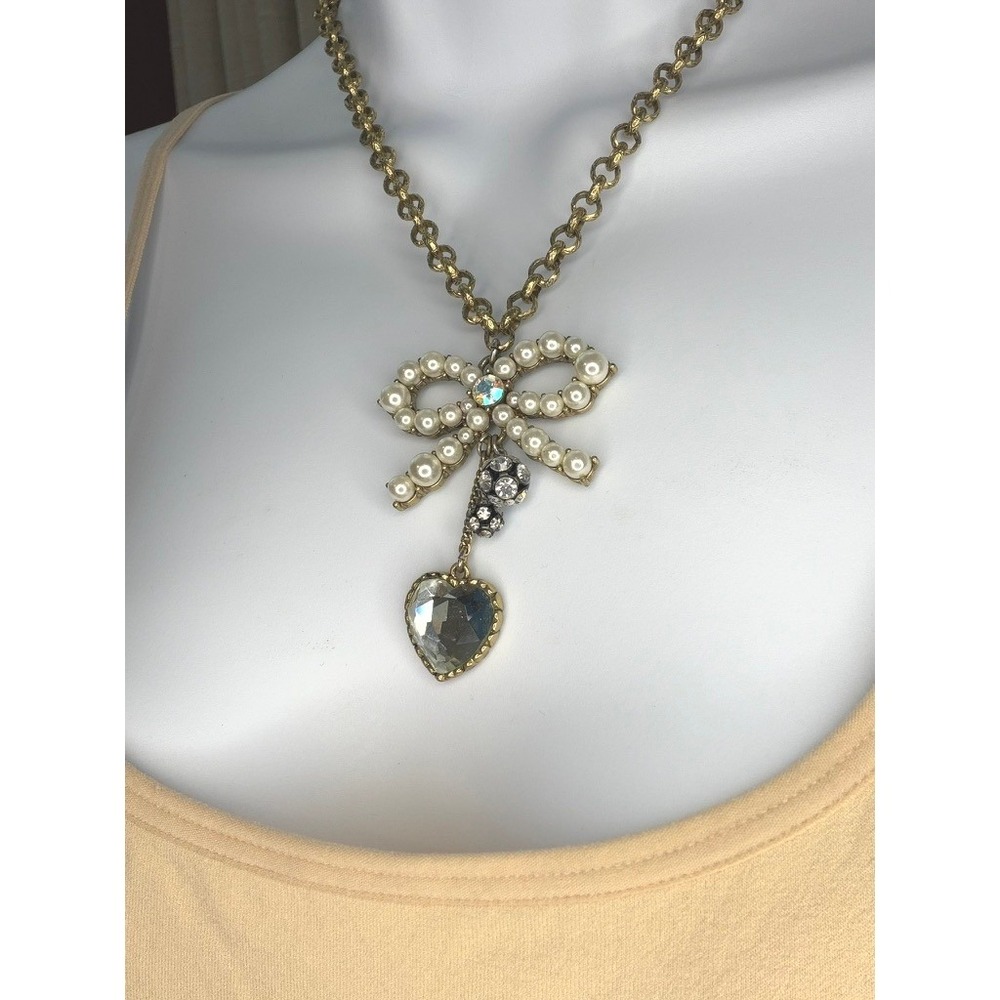 Betsey Johnson Necklace Gold Pearl Bow Heart Key Pendant